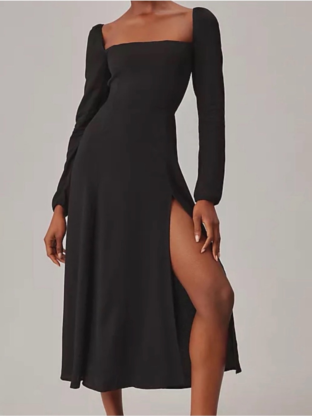 Reformation Sigmund Black Long Sleeve Square Neck Midi Dress Slit Size 4